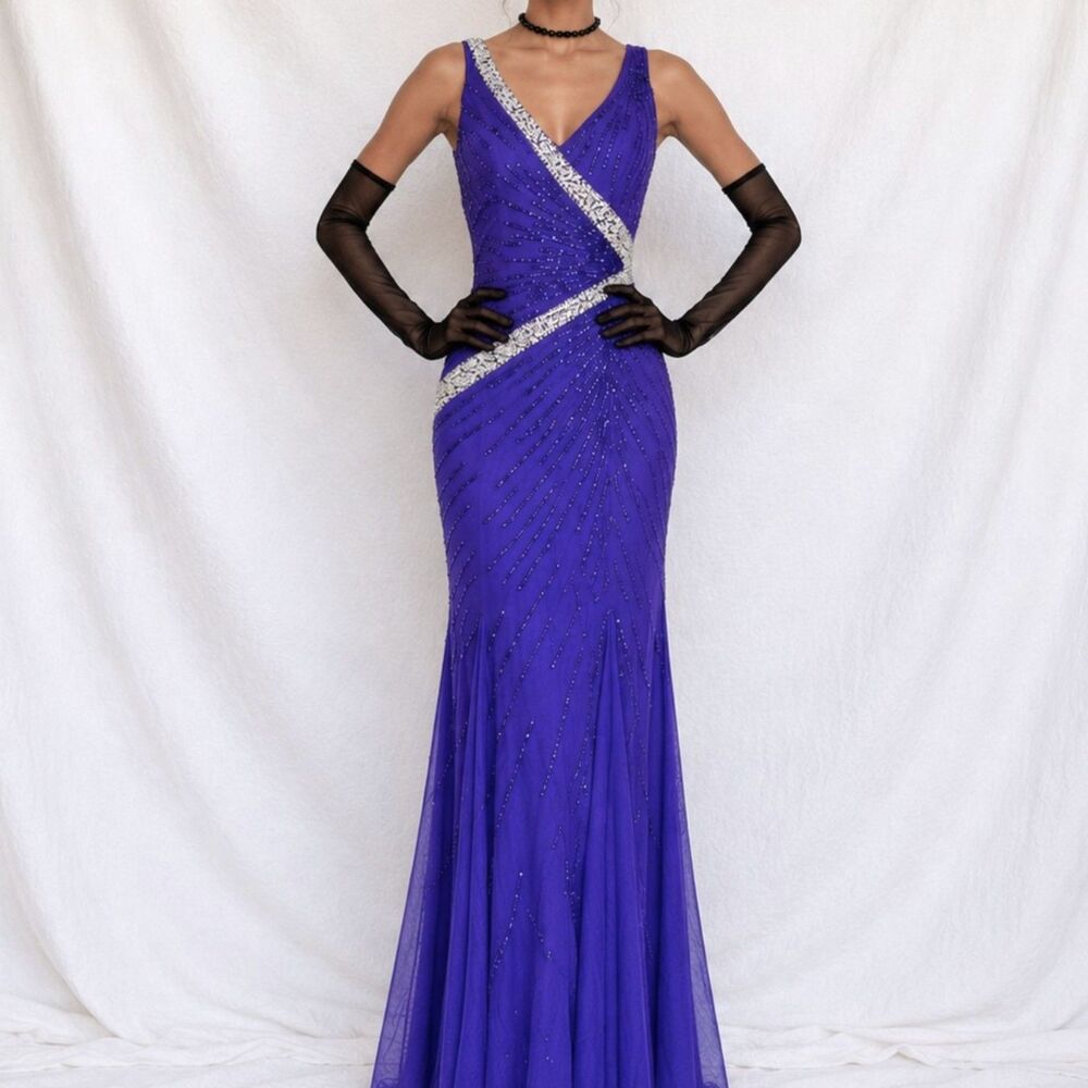 Vintage Y2K Purple Blue V-Neck Beaded Bodycon Maxi Prom Dress Size S